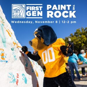 Image of Smoky painting the Rock with text saying: First-Gen Paint the Rock, Wednesday, November 8 from 12-2 p.m.