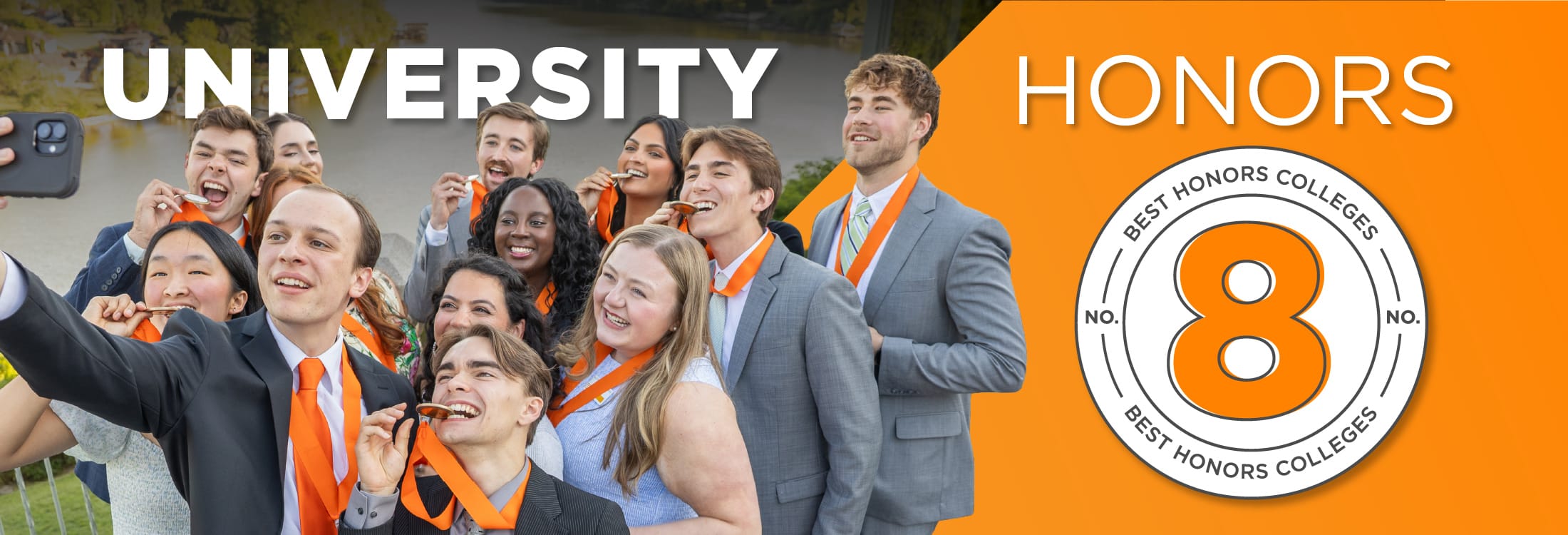 A group of Haslam Leadership Scholars grouped together taking a selfie with a logo of "Best Honors Colleges"