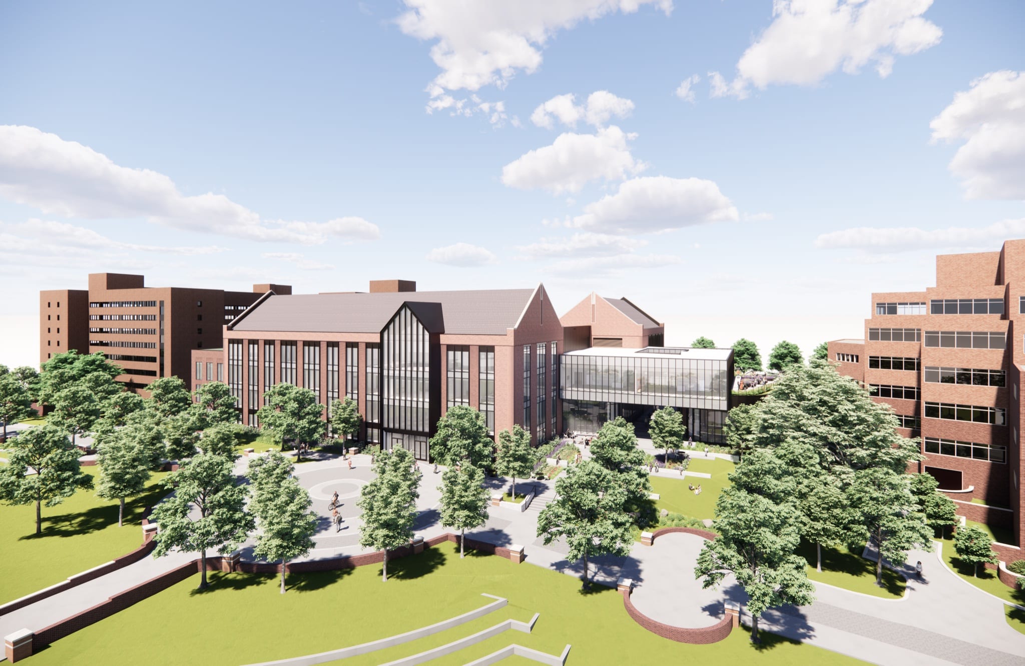 Architectural rendering of the future Student Success Center, a brick and glass building beside a tree-lined plaza
